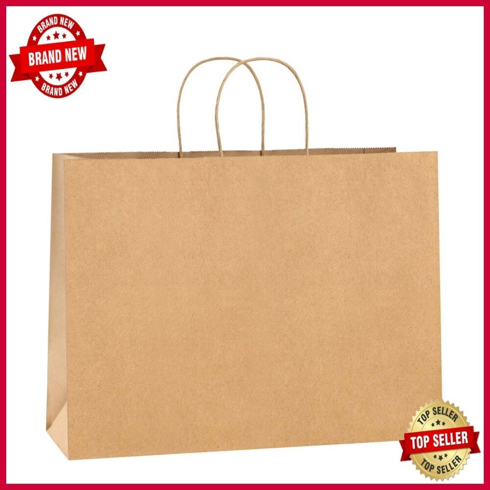100 Recycled Kraft Paper Bags with Handles 16x6x12 Inches Bulk Shopping